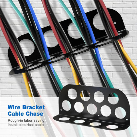 Hadwoer Cable Chase Wire Bracket 10 Pack NM Cable Organizer With 13 Holes for organizing multiple colored wires on a wall.