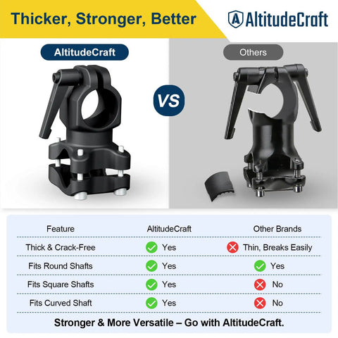 Comparison of AltitudeCraft weed eater handle extension with universal clamp to another brand, highlighting thickness and fit features.