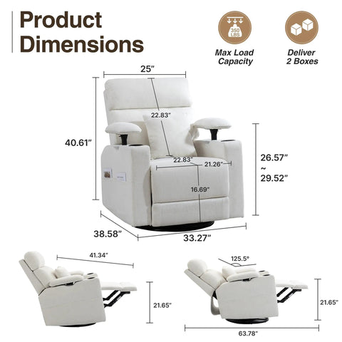 360 Degree Swivel Rocker Recliner Chair With Adjustable Armrests And Headrest, Beige, product dimensions and features.