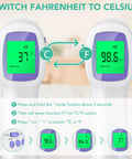 Touchless Digital Forehead Thermometer For Adults And Kids At Home Non Contact Infrared Reading Quick Fever Alerts Safe Easy To Use Temperature Checker showing °C to °F switch