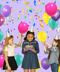 Kids celebrating with Hot Pink Purple Blue Confetti Balloons 12 Inch Set Of 56 Latex Party Balloons for Girls Birthday Decor.