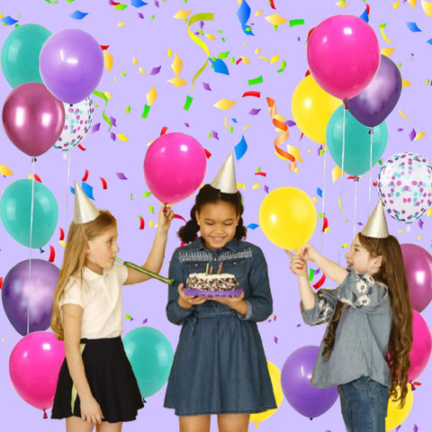 Kids celebrating with Hot Pink Purple Blue Confetti Balloons 12 Inch Set Of 56 Latex Party Balloons for Girls Birthday Decor.