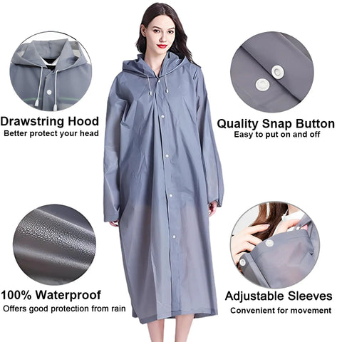 Ultra Lightweight Reusable Rain Ponchos For Adults 2 Pack With Hood Unisex Waterproof Rain Gear showing hood, snap button, waterproof fabric.