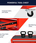 Red 4 Drawer Rolling Tool Cabinet With 4 Wheels And Parking Brakes 24.4 Inch Mobile Tool Chest With Ball Bearing Drawers For Garage Warehouse And Workshop Workhorse Heavy Duty Metal Storage Chest For Tools And Parts. caster and drawer close-up