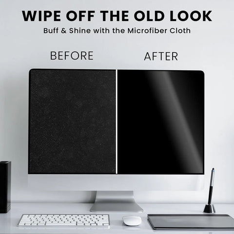 Before and after cleaning computer screen with Streak-Free Screen Cleaner Wipes For TV, Computer, Laptop, iPad And Monitor With Microfiber Cloth, 90 Wipes Pack, No Residue Cleaning Solution For All Screens, Easy On Glass And LCD Displays