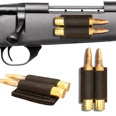 Two Round Rifle Cartridge Holder with Hook And Loop Fastener and Adhesive Backing for Buttstock or Side Mount