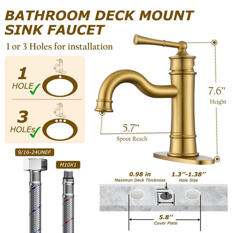 Diagram of Brushed Gold Bathroom Sink Faucet With Single Hole Deck Mount, Pop Up Drain, Overflow. Installation details included.