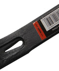 Close-up of 15 Inch Crow Bar Tool For Prying, Scraping, Lifting And Nail Pulling, black steel, with barcode and product label visible.