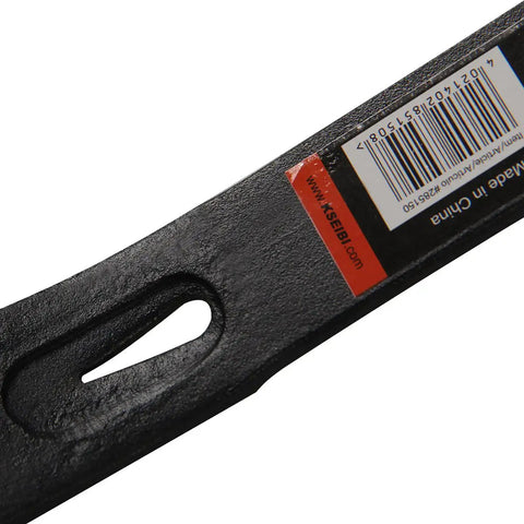Close-up of 15 Inch Crow Bar Tool For Prying, Scraping, Lifting And Nail Pulling, black steel, with barcode and product label visible.