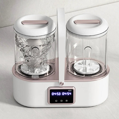 Slick Portable Ultrasonic Underwear Washing Machine With 4000mAh Cordless Battery For Dorms Hotels Rvs And Campsites No Sweat Top Tier Travel Laundry Care with two clear tubs and digital timer.
