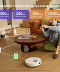 Living room setting with Robot Vacuum And Mop With 10,000 Pa Suction, 70 Day Self-Emptying Dock, displayed on wooden floor.