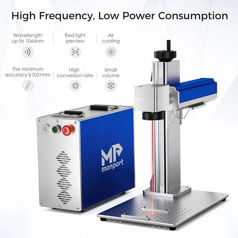 Front view of 30W Pro Grade Fiber Laser Engraver With Dual Cooling Fans And Integrated Power Supply Panic Button And Stable Raycus Core Laser For Easy Metal And Plastic Engraving For DIY Makers And Small Shops.