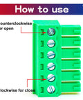Instructional diagram showing how to use a 3.5mm Pitch Phoenix PCB Screw Terminal Block Connector Pack of 5, clockwise and counterclockwise directions.