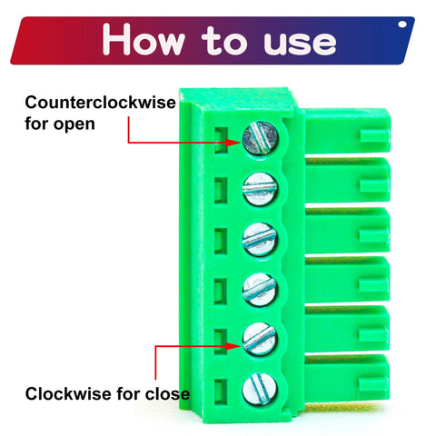 Instructional diagram showing how to use a 3.5mm Pitch Phoenix PCB Screw Terminal Block Connector Pack of 5, clockwise and counterclockwise directions.
