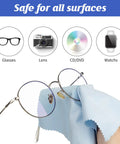 Person cleaning glasses with blue microfiber cloth, highlighting 200 Pack Multicolor Microfiber Cleaning Cloths 6x7 Inches For Glasses