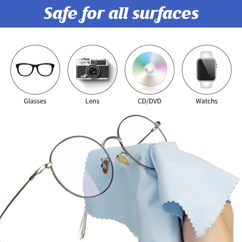 Person cleaning glasses with blue microfiber cloth, highlighting 200 Pack Multicolor Microfiber Cleaning Cloths 6x7 Inches For Glasses