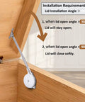 Soft Close Toy Box Hinges Set with No Pinch Lid Support installed in open wooden box, showing hinge mechanism and installation angle guide.
