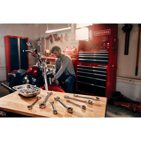 7 Piece SAE Reversible Ratcheting Wrench Set With 72-Tooth Box End, 15 Degree Offset, Chrome Finish on workbench