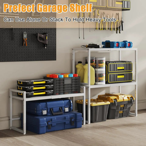 Beefy Expandable Heavy Duty Metal Storage Shelves With 150 Pound Capacity Adjustable Length And Height Fits Kitchen Garage Pantry And Warehouse Storage Rack Organizer For Pots Pans Microwave Small Appliances White, garage shelf with tools