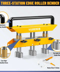 Three Station Edge Roller Bender For Sheet Metal, 0 To 90 Degree Bends, shows aluminum handle and six steel guide rods