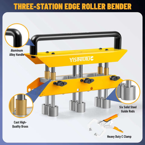 Three Station Edge Roller Bender For Sheet Metal, 0 To 90 Degree Bends, shows aluminum handle and six steel guide rods