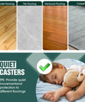 Quiet casters suitable for laminate, tile, hardwood, and carpeted floors with sleeping child illustrating noiseless feature.