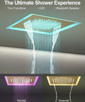 20 Inch Ceiling Mount Led Shower Head With Bluetooth Speaker Handheld Sprayer Brushed Gold Finish showing LED waterfall and rainfall modes.