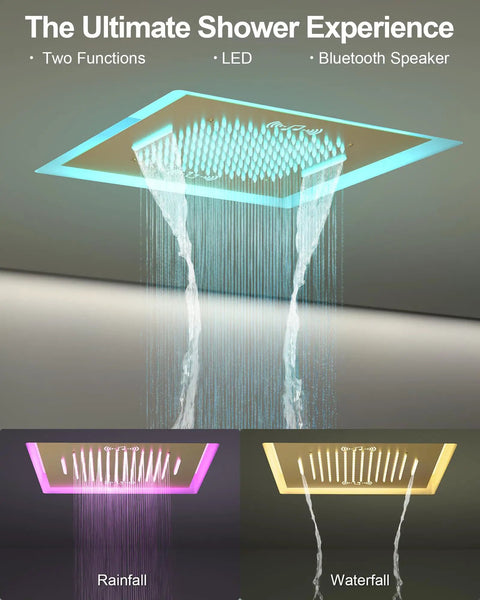 20 Inch Ceiling Mount Led Shower Head With Bluetooth Speaker Handheld Sprayer Brushed Gold Finish showing LED waterfall and rainfall modes.