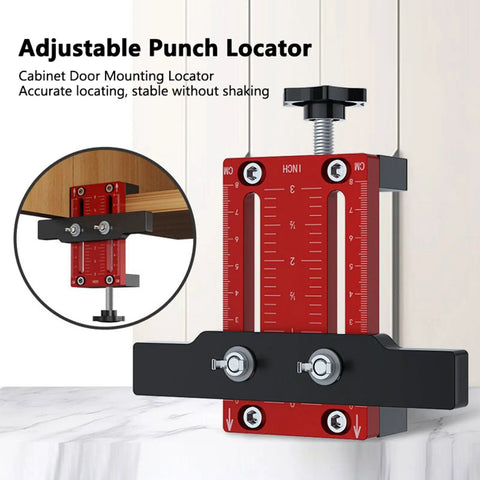 Heavy Duty Cabinet Door Mounting Jig, Bullseye Ready Frameless Or Framed Installation Locator close-up showing adjustable punch locator features.
