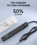 Compact design of 2-Pack 6-In-1 USB Power Strip, highlighting portability with 3 outlets, 3 USB ports, type-C and USB-A fast charge.