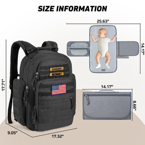 Military Style Dad Diaper Backpack With Changing Pad For Travel And Camping Trips Large Black Baby Bag With 900D Fabric