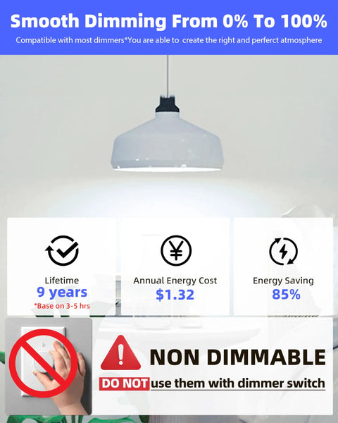 Bright A19 LED Light Bulbs 60W Equivalent 9W Soft White 2700K 800 Lumens E26 Base Non Dimmable UL Listed warning sign