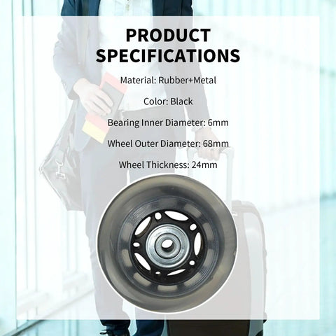 Close-up of black rubber wheel with metal center, part of Heavy Duty Suitcase Wheels Replacement Set With Tough Rubber 360 Swivel Casters.