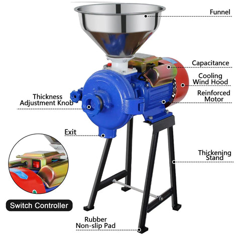 High Power 3000W Electric Grain Grinder Mill For Dry Cereals And Grains, 110V, with labeled parts, funnel, and motor