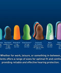 Variety of reusable ear plugs for sleeping with NRR 28 displayed in rows, showcasing colors and sizes, includes blue pair made in the USA.