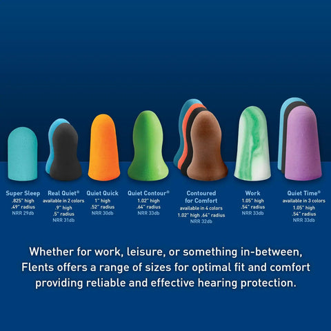 Various foam ear plugs for sleep, travel, and work, NRR 33 noise canceling, shown in different colors and sizes, made in the USA.
