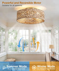 XINGSIYUELYX Boho Rattan Caged Fandelier Ceiling Fans with Lights in sunny room showcasing reversible motor and air circulation mode.