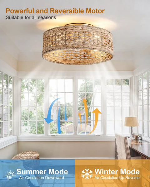XINGSIYUELYX Boho Rattan Caged Fandelier Ceiling Fans with Lights in sunny room showcasing reversible motor and air circulation mode.