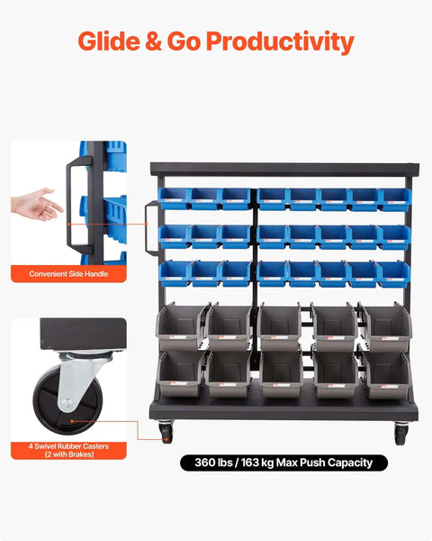 Straight Up Reliable Dual Sided Rolling Storage Rack With Sixty Eight Tough Plastic Parts Bins And Quick Label Slots, Slick Mobile Tool Caddy Featuring Heavy Duty Build And Smooth Locking Casters For Garage Workshop Setup