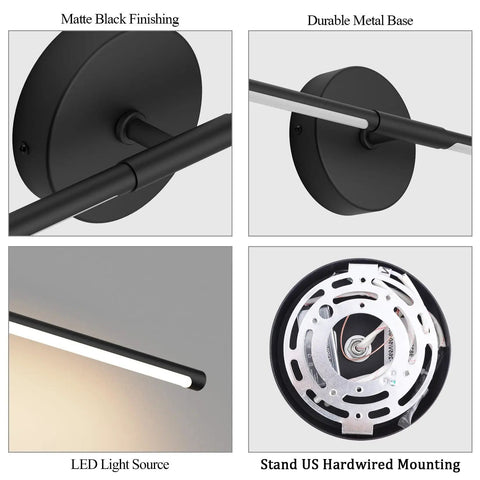Set Of Two 28 Inch Black Linear Wall Sconce Hardwired 3000K Warm Led Light Fixture 360 Degree Swivel Top view of matte black metal base and LED source.
