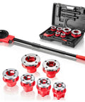 VEVOR Ratchet Pipe Threader Kit With 6 Dies For 2 Inch NPT Pipes displayed with red alloy dies and manual handle in protective case.