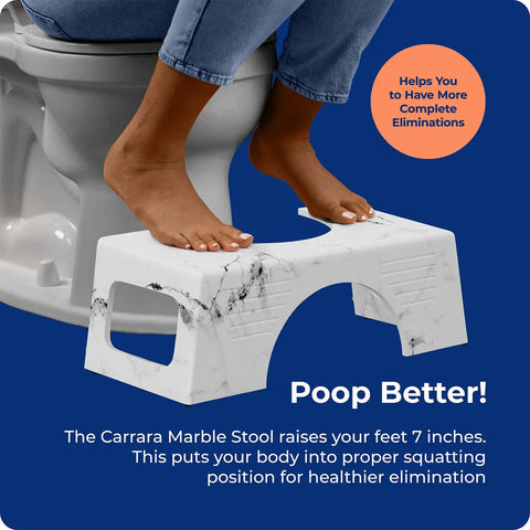 Person using Carrara Marble Toilet Stool In Gray 7 Inch Height For Easier Healthier Pooping Doctor Recommended Bathroom Accessory