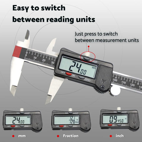 Six Inch Digital Caliper With Stainless Steel Body, Pro Grade Precision Micrometer Caliper for Inches, Millimeters, and Fractions