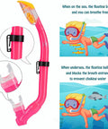 Kid Friendly Snorkel Set With Dry Top Snorkel, Adjustable Fins, Goggles, Mask And Bag For Ages 5 To 14, pink snorkel details