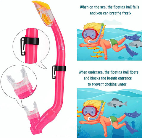 Kid Friendly Snorkel Set With Dry Top Snorkel, Adjustable Fins, Goggles, Mask And Bag For Ages 5 To 14, pink snorkel details