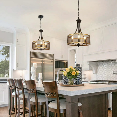 Four Light Industrial Pendant Lighting With Black Square Frame Rustic Farmhouse Chandelier For Dining Room And Kitchen Island Adjustable Height E26 Bulbs Not Included over kitchen island