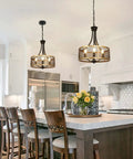 Kitchen view with Black Round Pendant Light Fixture 18 Inch Industrial Metal Drum Cage Chandelier above island dining area