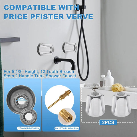Two Piece Shower Knob Replacement Set With Flange Base For Hot And Cold Tub Faucet Handles Verve Style Trim Kit Fits Five And A Half Inch High 12 Tooth Broach Stem Cartridge Polished Chrome Finish displayed in bathroom