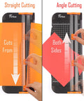 12 Inch Titanium A4 Paper Cutter with Automatic Safety Guard and Side Ruler, showing straight and angle cuts on paper