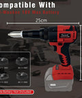 Upgraded Brushless Cordless Rivet Gun Tool Compatible With Milwaukee 18v Battery Includes Three Sizes Aluminum Rivets And Bright LED Light For Daily Workhorse Tasks No Battery Included Red, showing dimensions and battery compatibility.